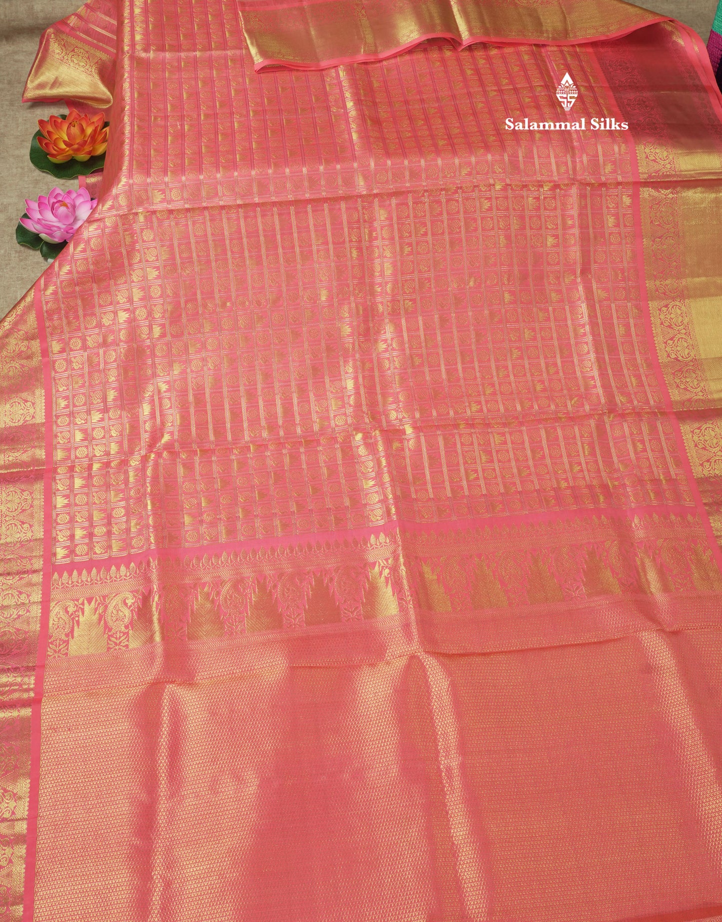 Pinkish Peach Checks With Traditional Butta Bridal Pure Kanjivaram Silk Saree With Self Border