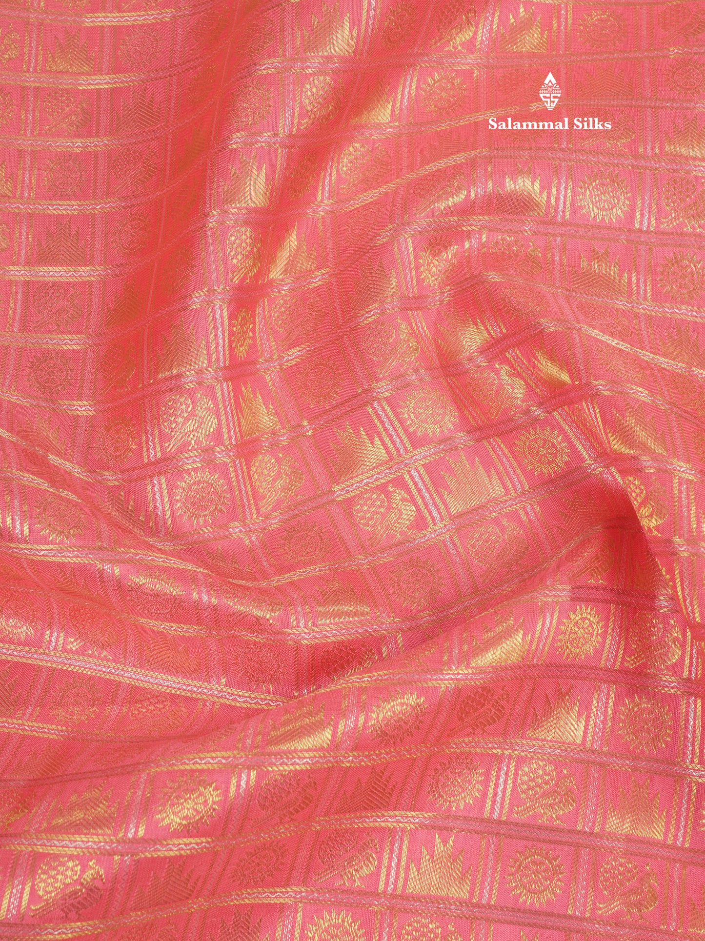 Pinkish Peach Checks With Traditional Butta Bridal Pure Kanjivaram Silk Saree With Self Border