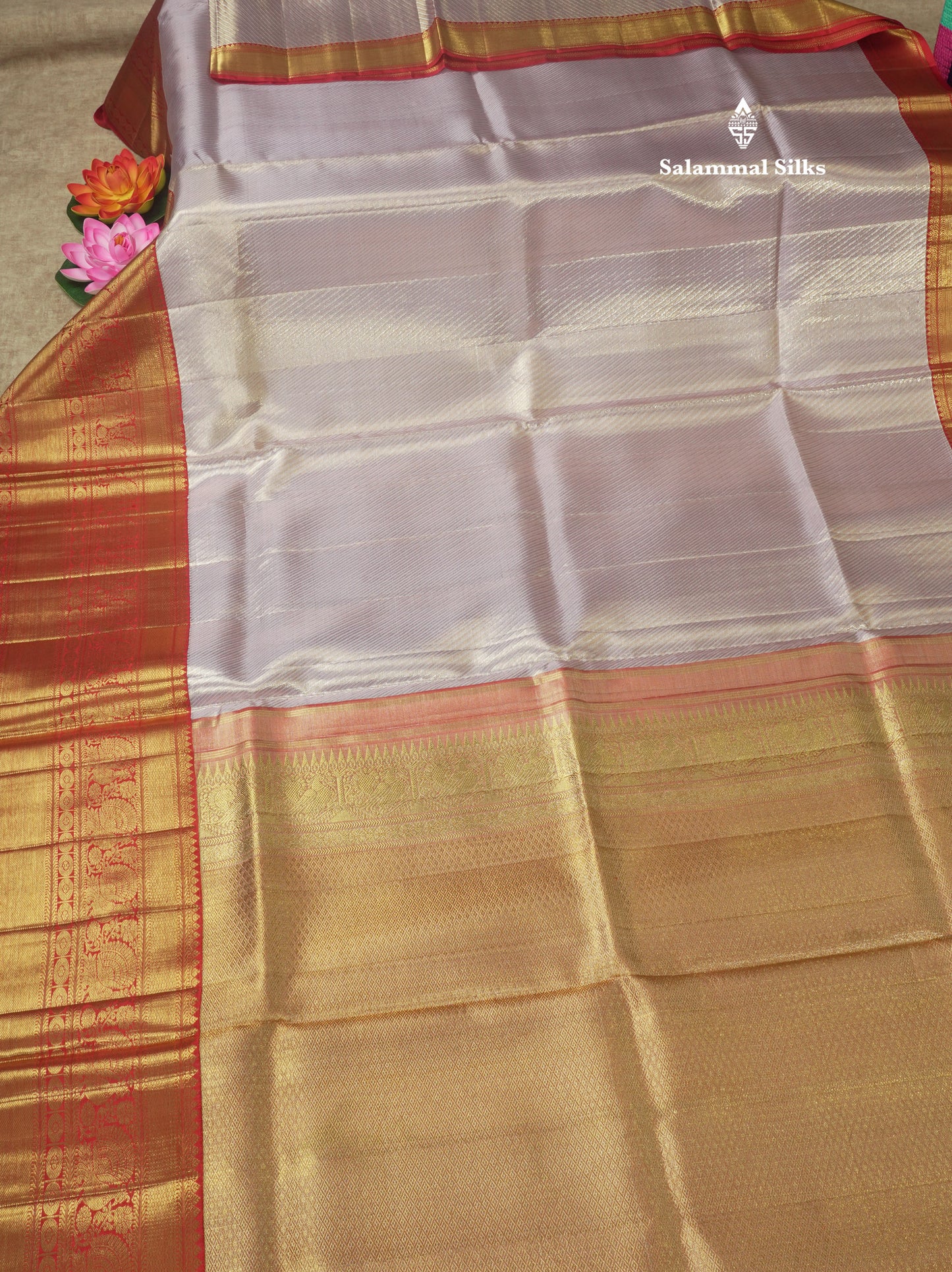Beautiful Light Lavender Pure Kanjivaram Silk Saree (2G) Zari With Contrast Red Border