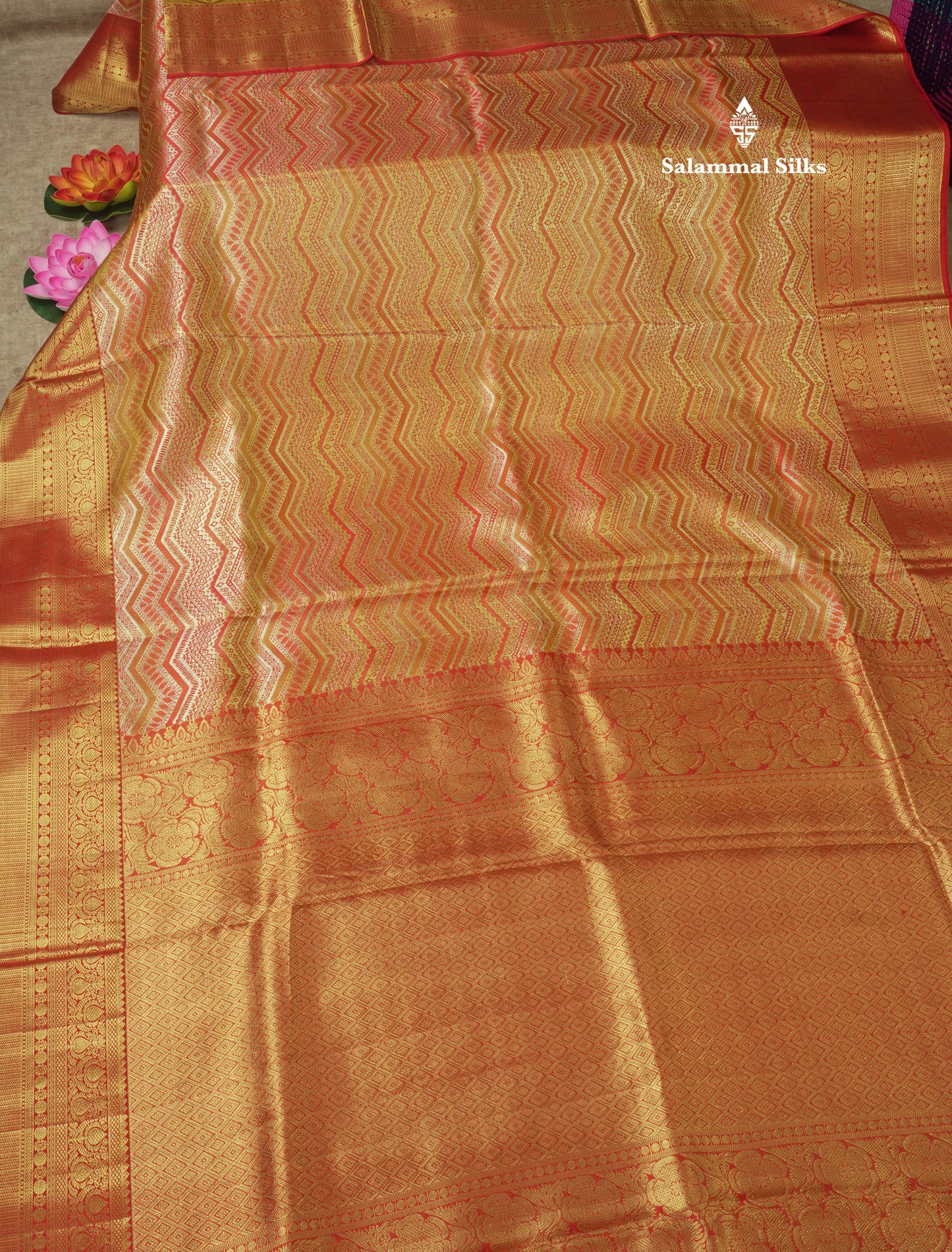 Geometric Multicolour Tissue Fancy Bridal Pure Kanjivaram Silk Saree With Contrast Red Border
