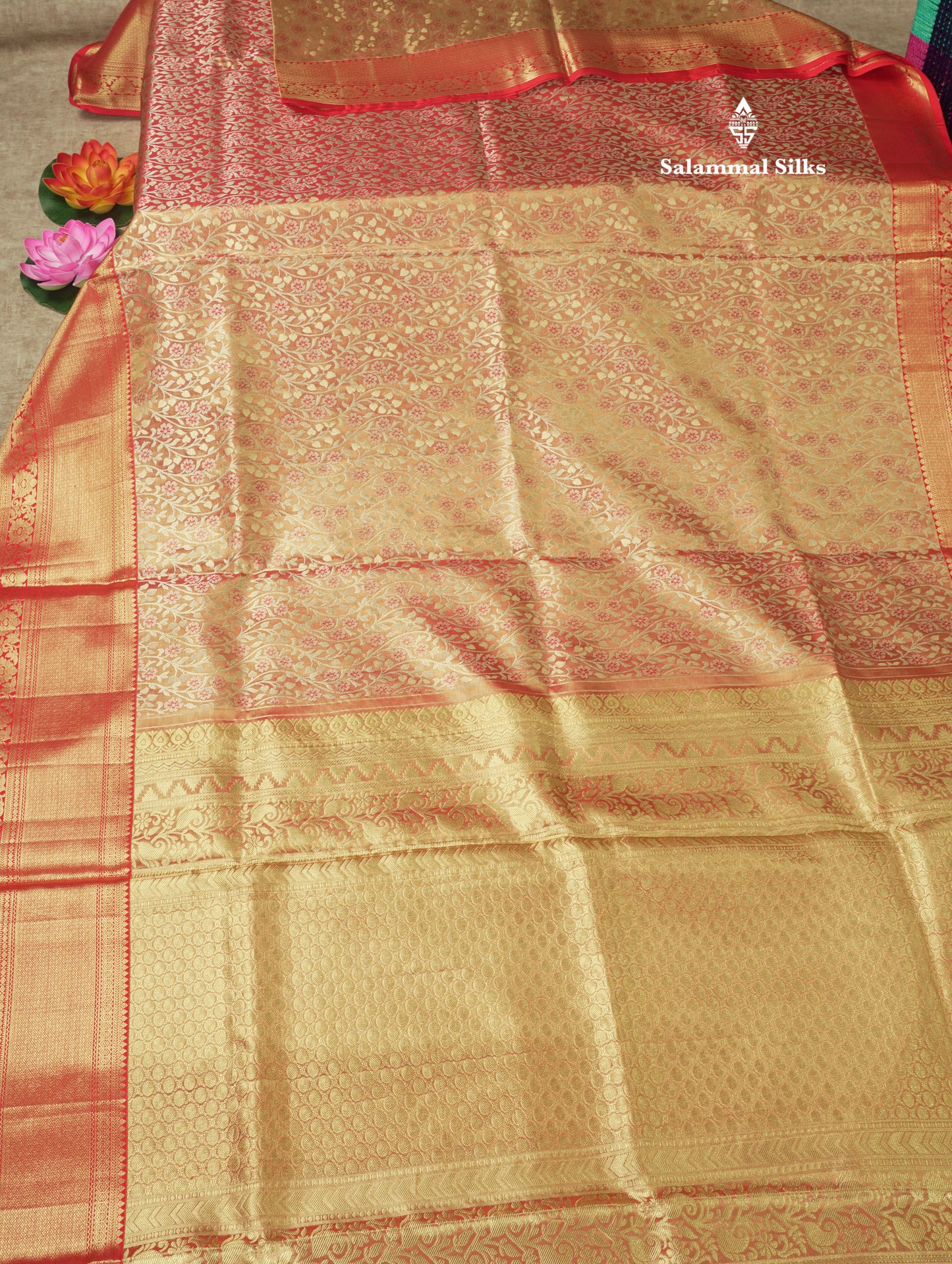 Light Orange Tissue Bridal Pure Kanjivaram Silk Saree With With Contrast Red Border