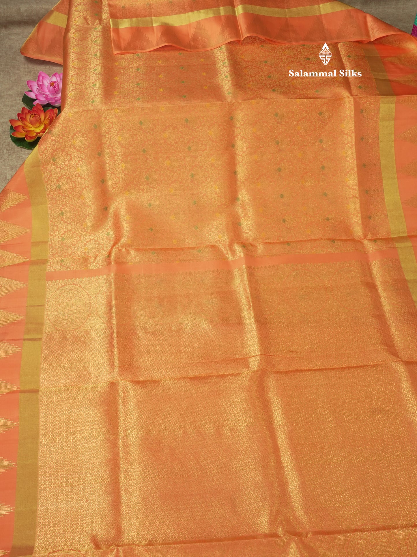 Orange Mennakari Work Pure Kanjivaram Silk Saree With Temple Border