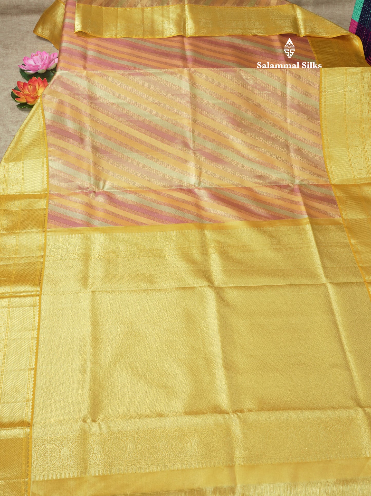 Multicolour Fancy Pure Kanjivaram Silk Saree With Contrast Mustard Yellow Border