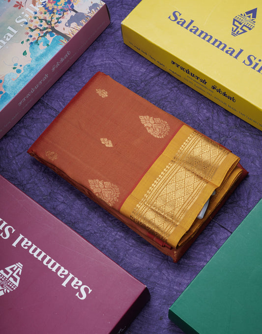 Brown Pure Kanjivaram Silk Saree With One Side Contrast Mustard Yellow Border