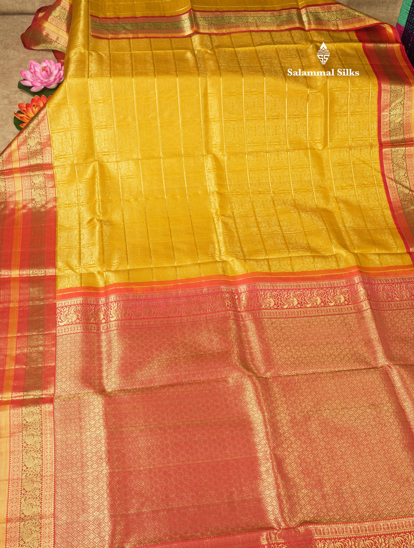 Mustard Yellow Checks Bridal Pure Kanjivaram Silk Saree With Contrast Pinkish Red Traditional Border