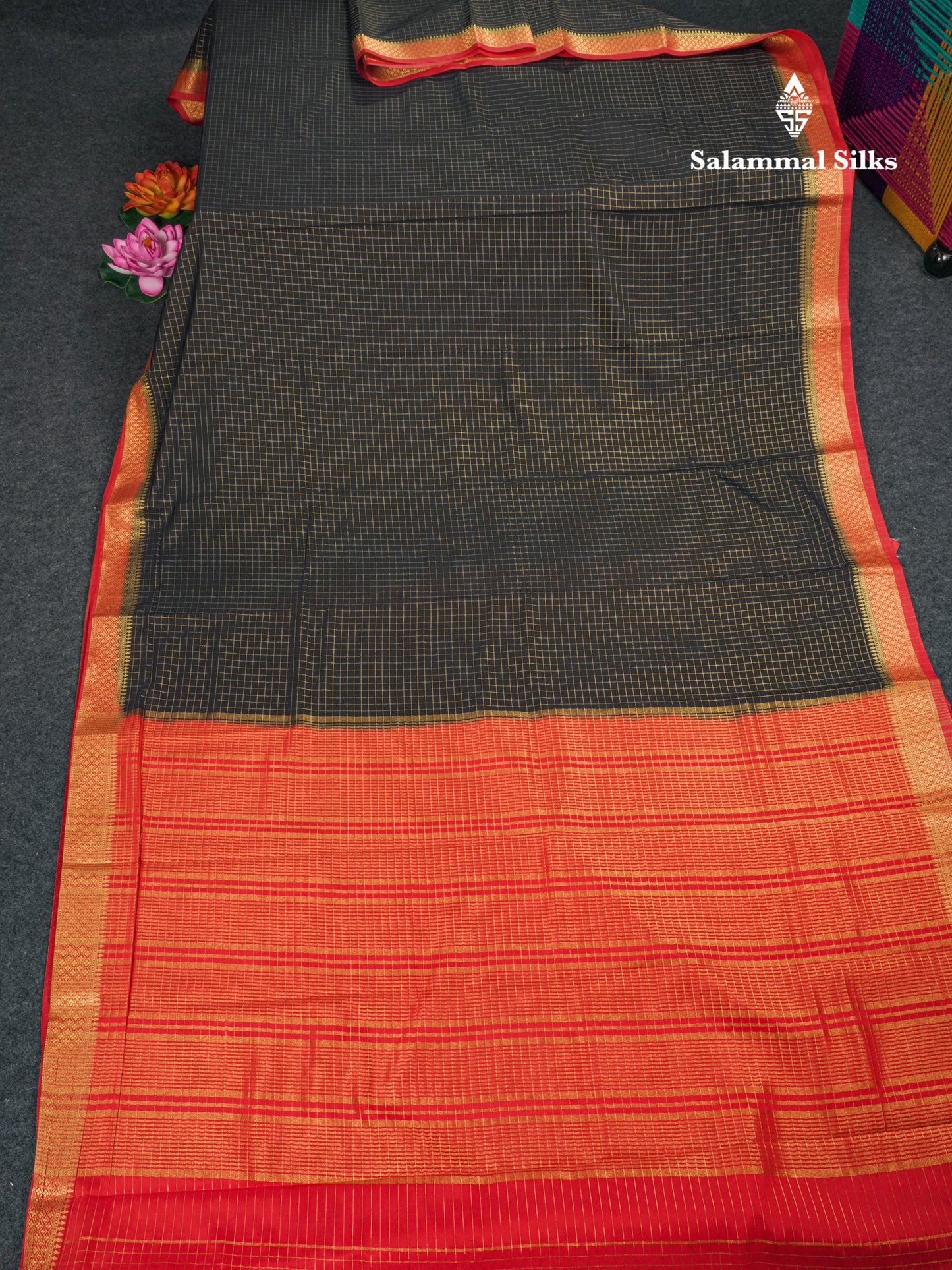 Sky Blue Small Checks Semi Mysore Crepe Saree With Contrast Navy Blue Small Border