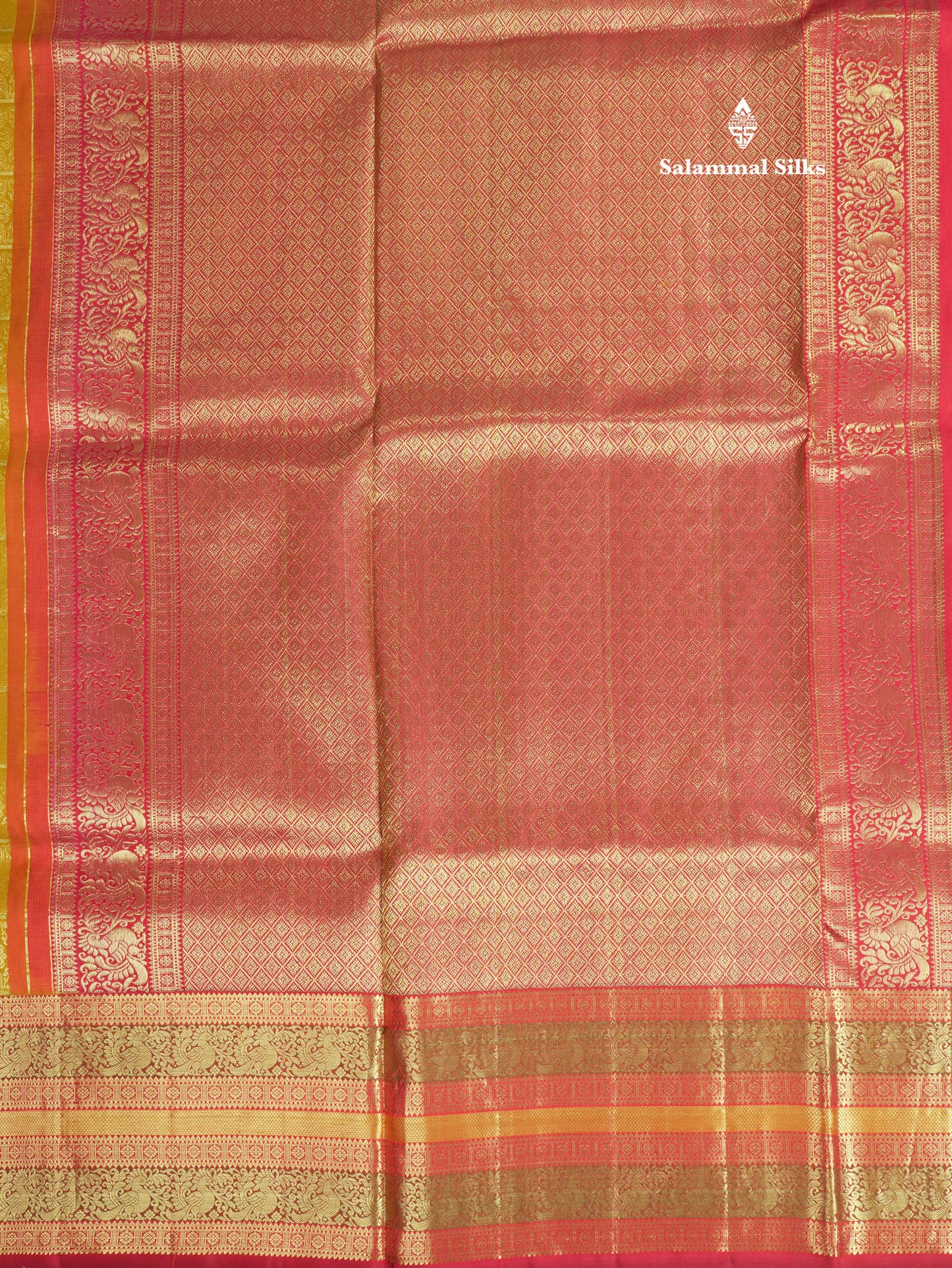 Mustard Yellow Checks Bridal Pure Kanjivaram Silk Saree With Contrast Pinkish Red Traditional Border
