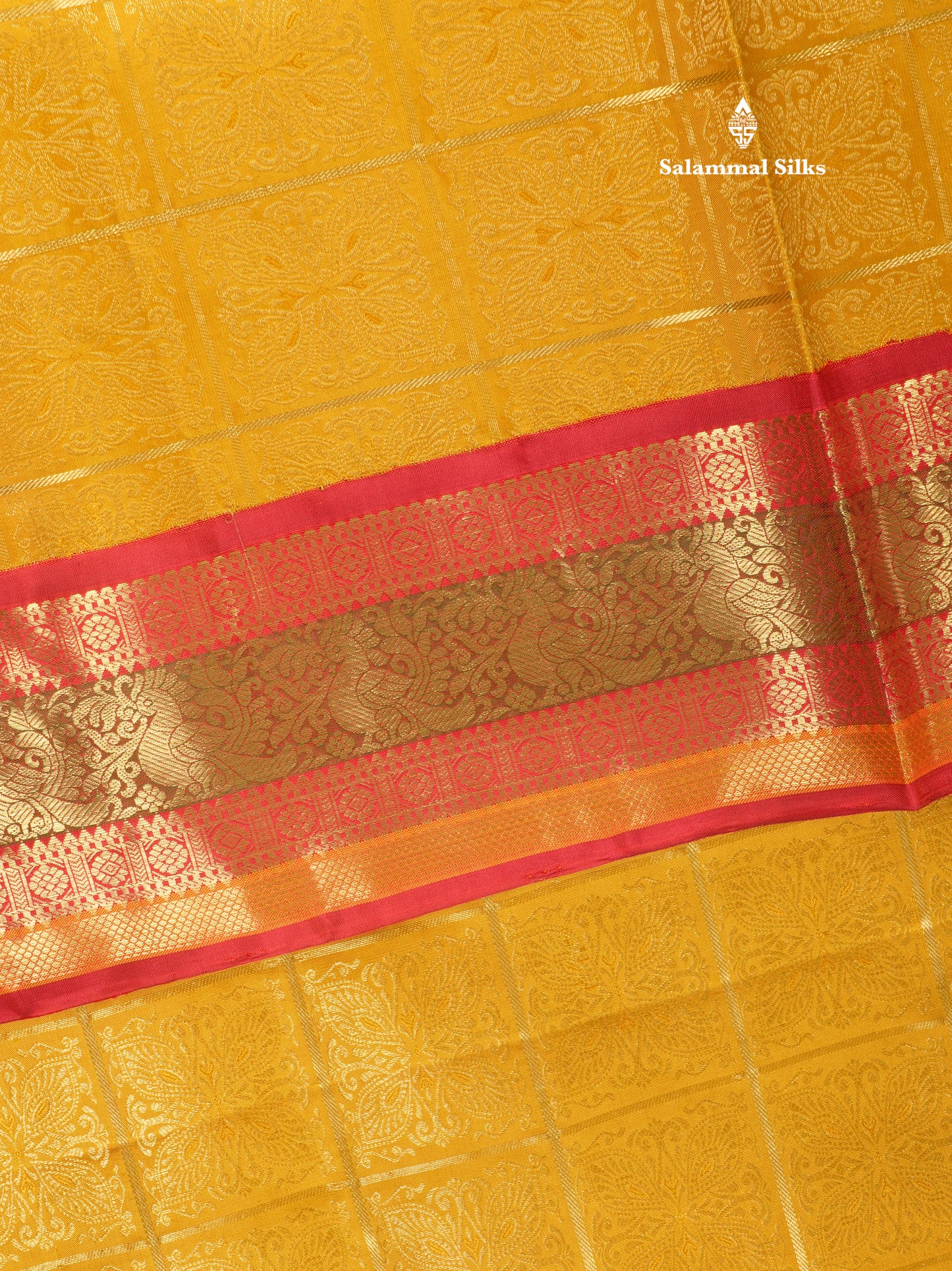 Mustard Yellow Checks Bridal Pure Kanjivaram Silk Saree With Contrast Pinkish Red Traditional Border