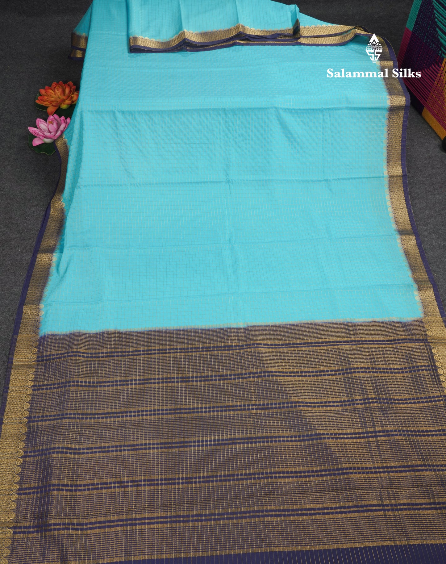 Sky Blue Small Checks Semi Mysore Crepe Saree With Contrast Navy Blue Small Border