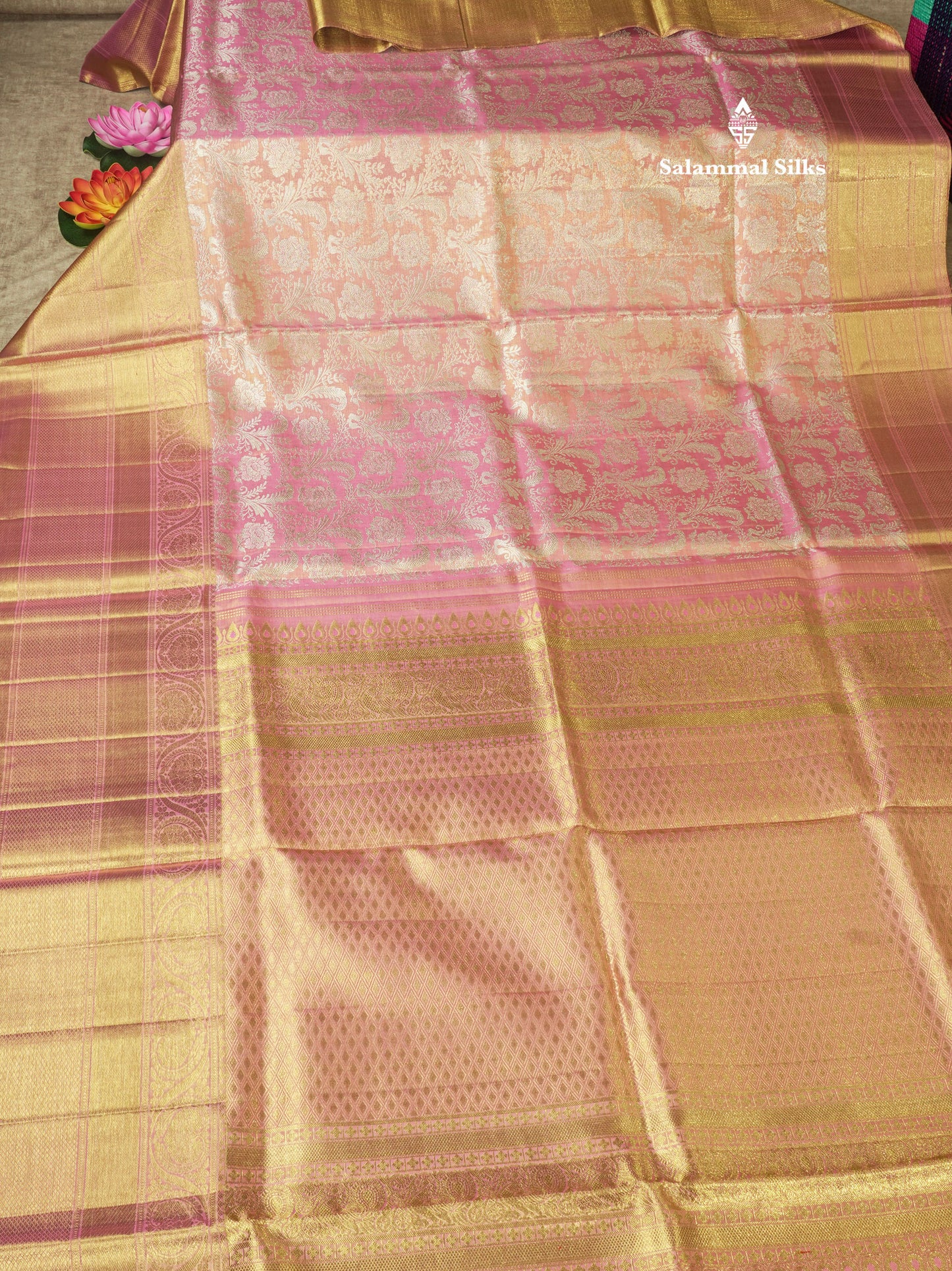 Beautiful Pink Tissue Pure Kanjivaram Silk Saree (2G) Zari With Self Border