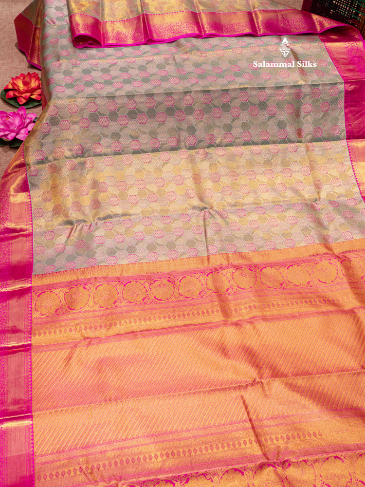 Light Green Colour Pure Kanjivaram Tissue Silk Saree with Pink Border