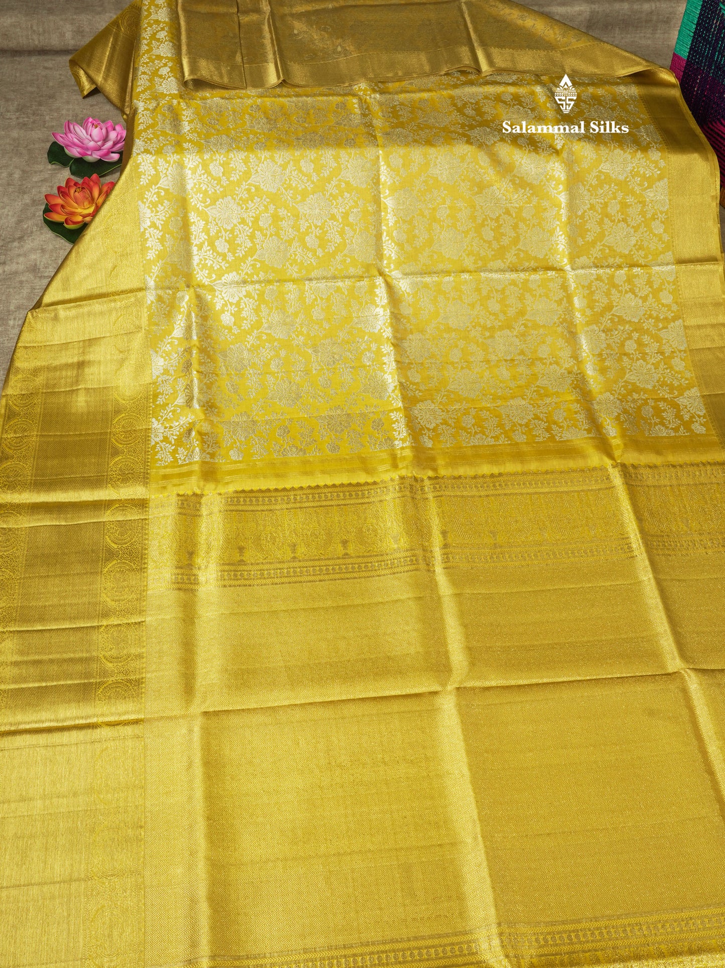 Beautiful Yellow Tissue Pure Kanjivaram Silk Saree (2G) Zari With Self Border