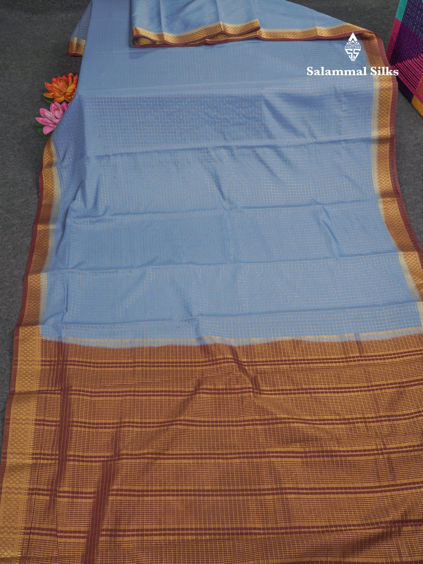 Sky Blue Small Checks Semi Mysore Crepe Saree With Contrast Navy Blue Small Border