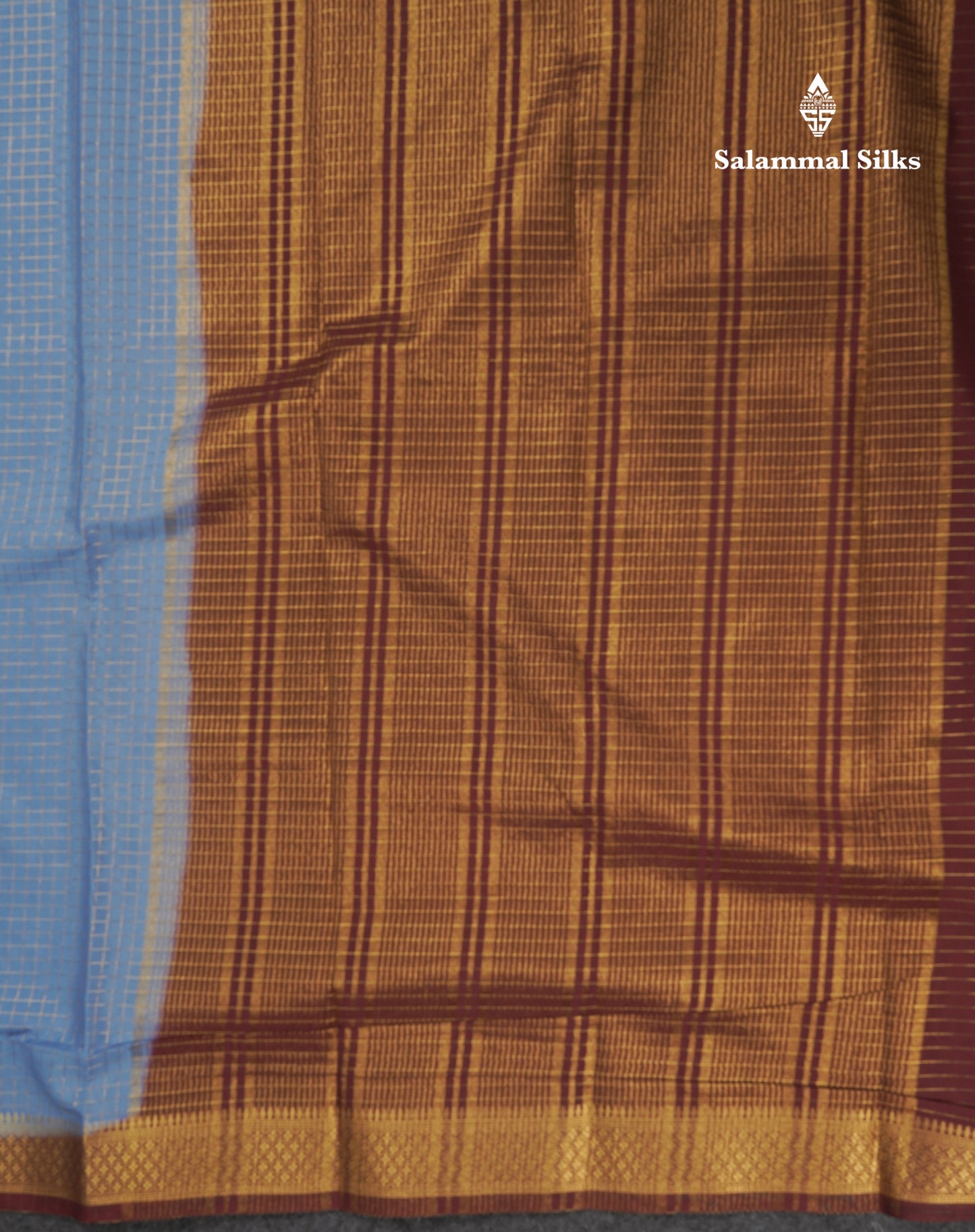 Sky Blue Small Checks Semi Mysore Crepe Saree With Contrast Navy Blue Small Border