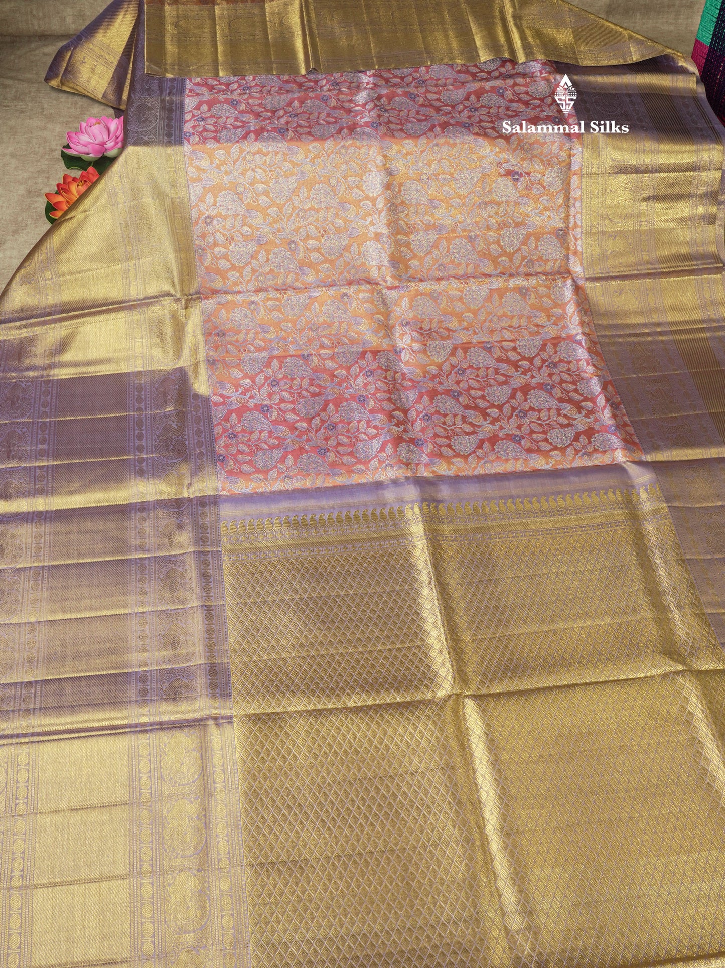 Beautiful Orange Tissue Pure Kanjivaram Silk Saree (2G) Zari With Contrast Lavender Border