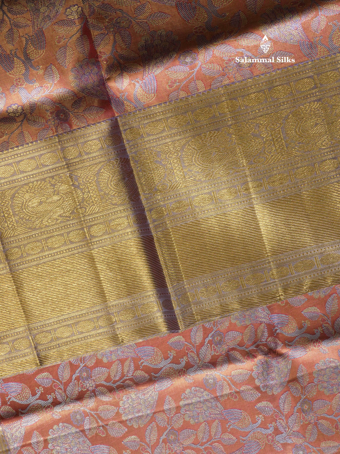 Beautiful Orange Tissue Pure Kanjivaram Silk Saree (2G) Zari With Contrast Lavender Border