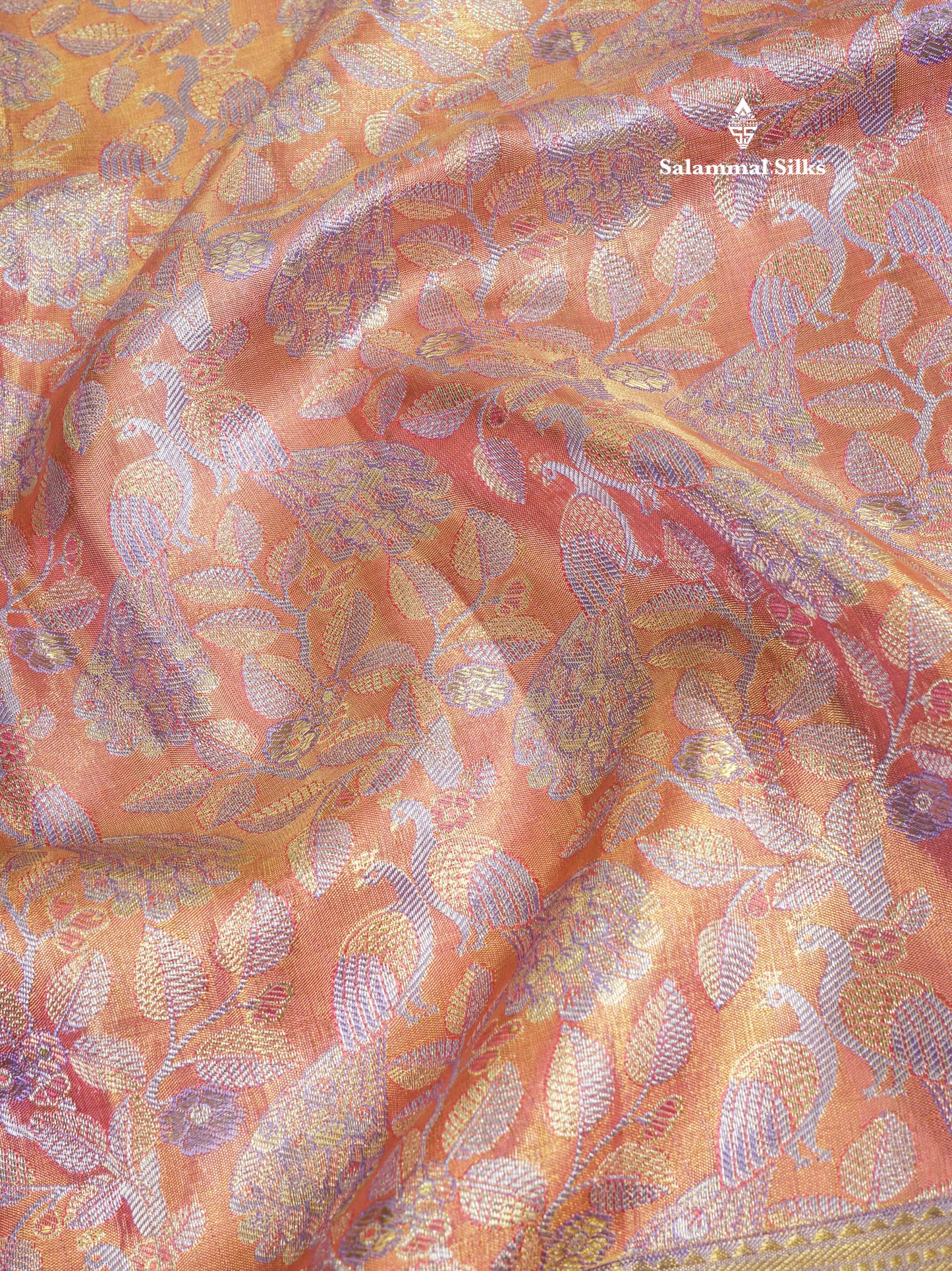 Beautiful Orange Tissue Pure Kanjivaram Silk Saree (2G) Zari With Contrast Lavender Border