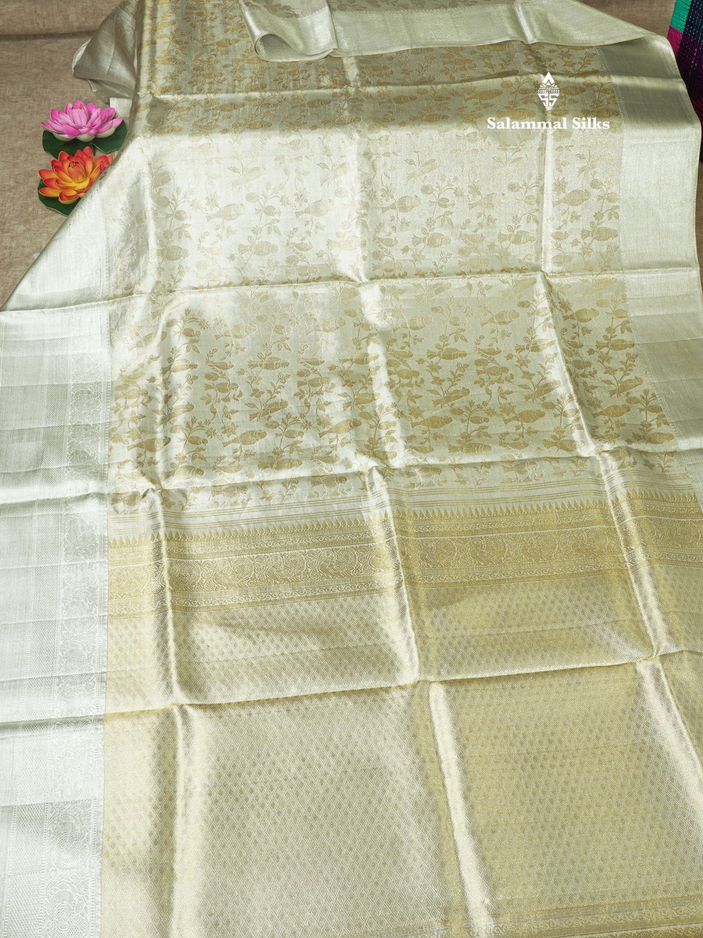 Beautiful Silver Colour Tissue Pure Kanjivaram Silk Saree (2G) Zari With Self Border