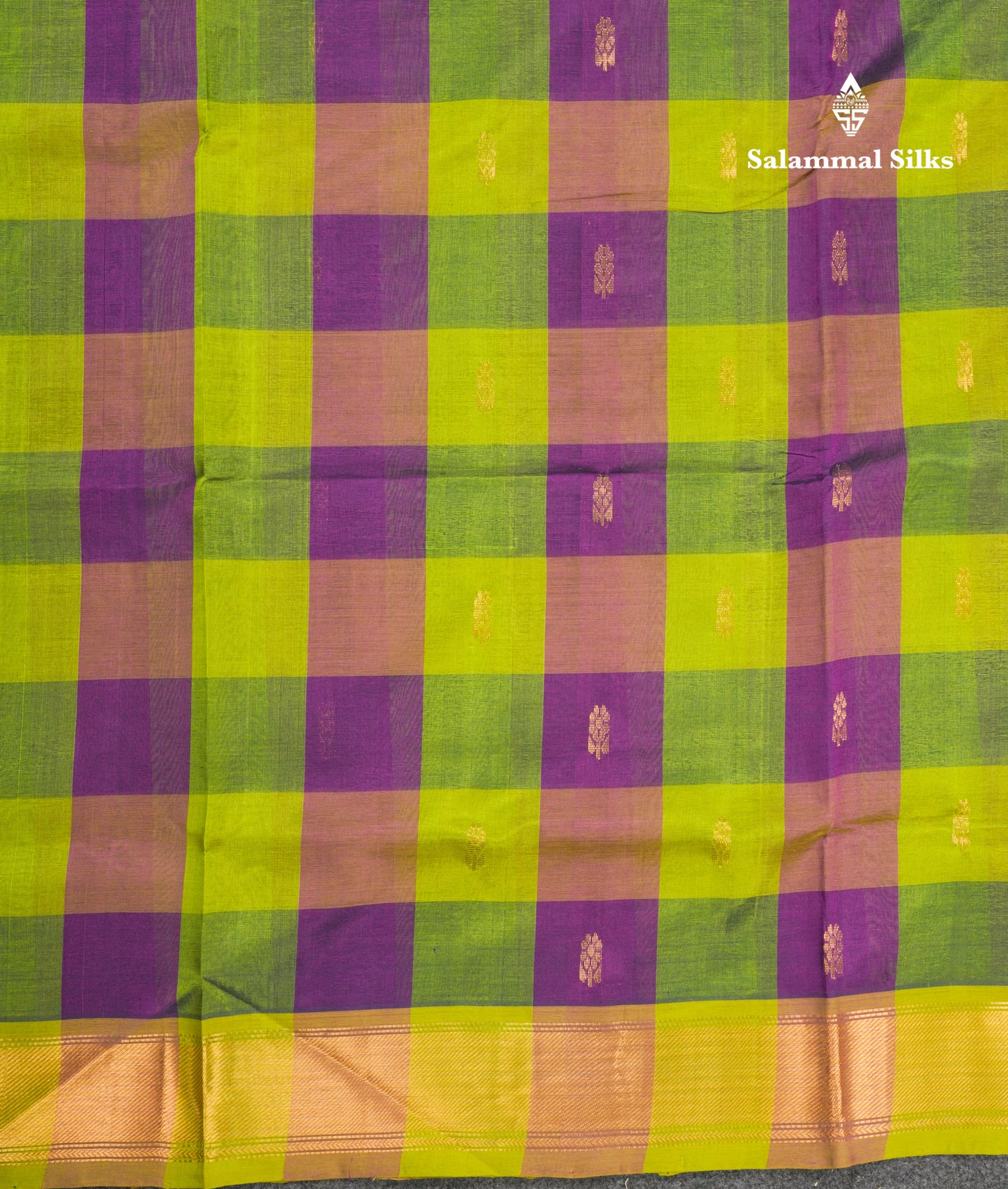 Paalum Pazham Checks Pure Silk Cotton Saree With Contrast Parrot Green Blouse