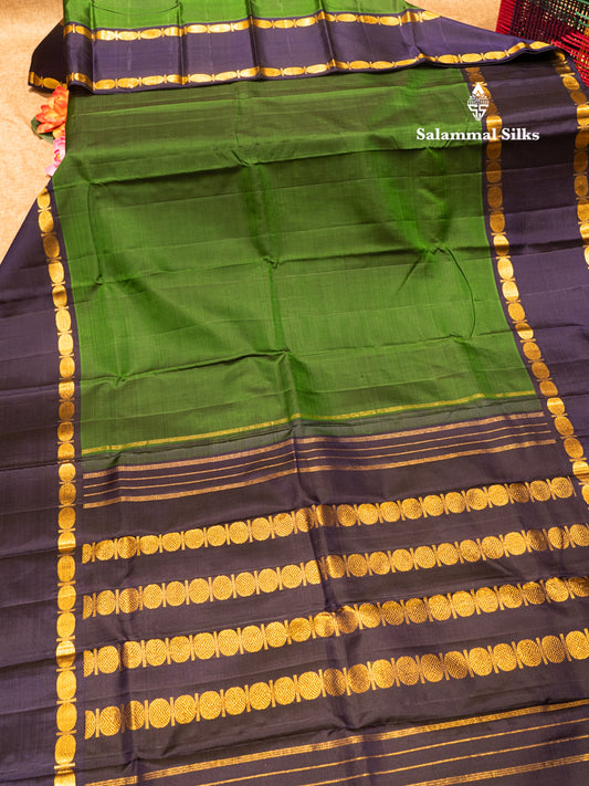 Bottle Green Colour Kanjivaram Pure Silk Saree With Navy Blue Double Border