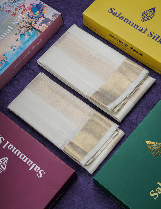 Cream White Pure Silk Dhoti (8x4) Yards with Gold Zari Border