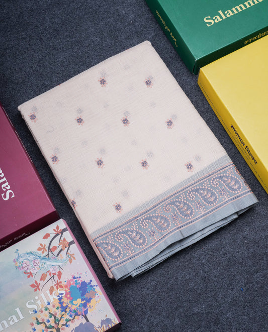 Cream Sandal Silk Kota Fancy Saree With Contrast Grey Embroidery Border