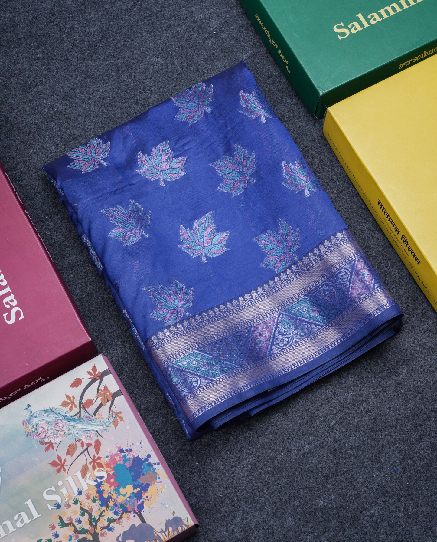 Dual Tone Pink Semi Raw Silk Saree With Contrast Navy Blue Blouse