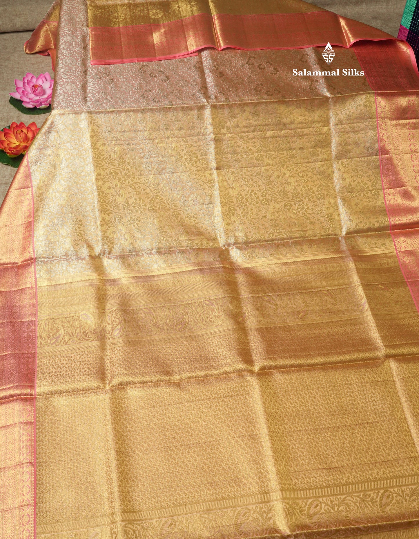 Light Peach Tissue Bridal Pure Kanjivaram Silk Saree With Contrast Pinkish Peach Border