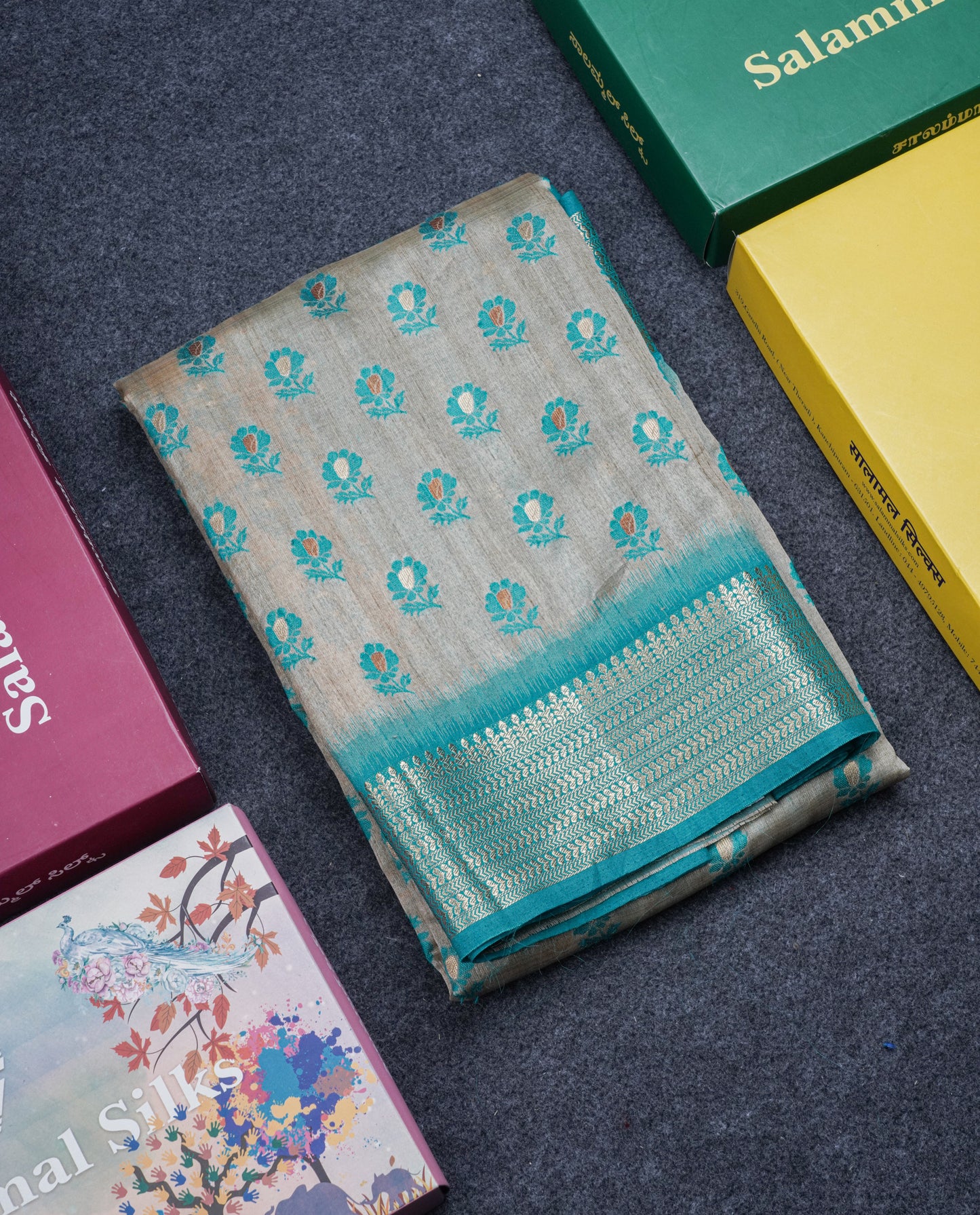Light Sandal Semi Tussar Saree With Contrast Parrot Green Border