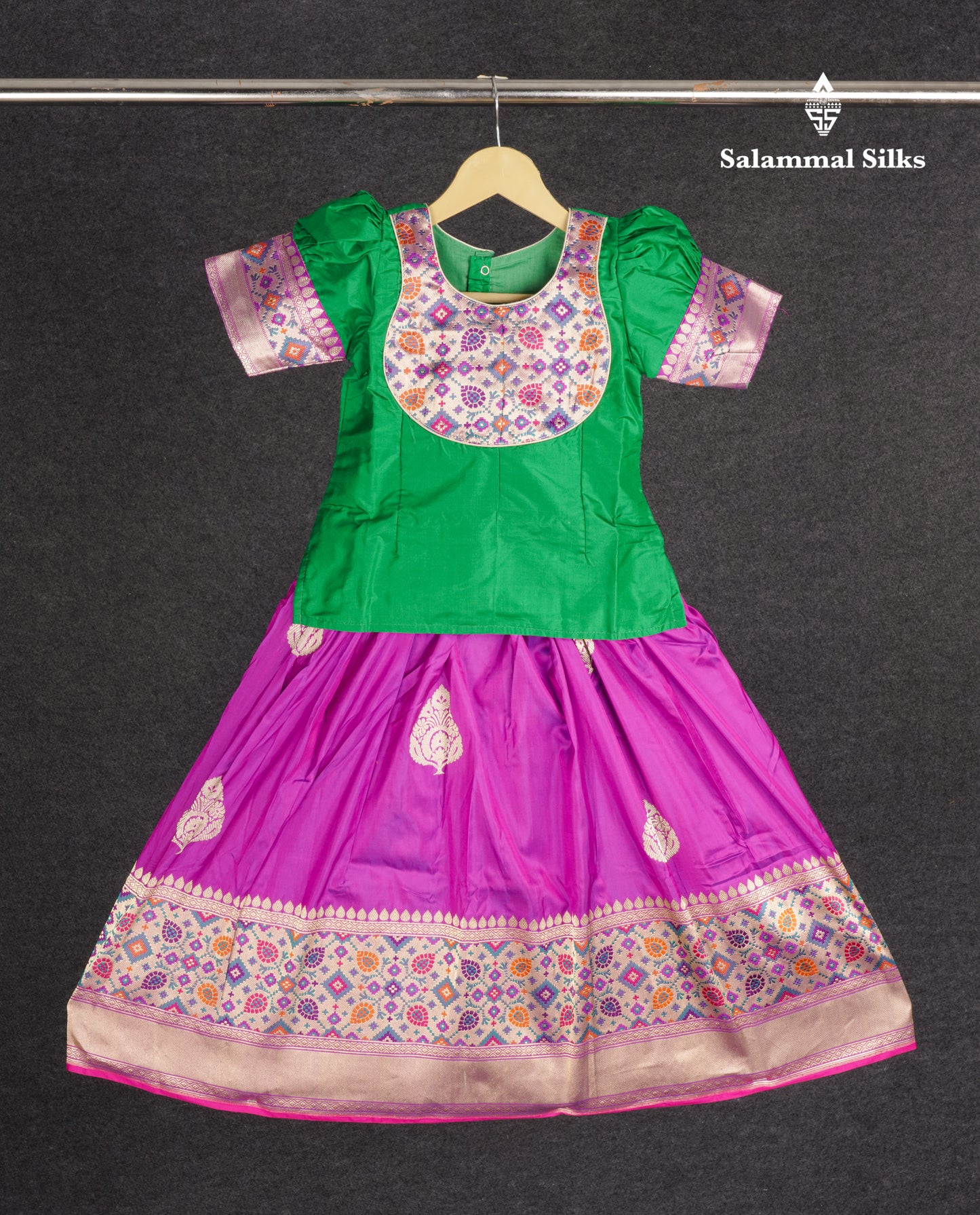 Readymade Pure Silk Pattu Pavadai - Green With Purple (3 TO 4 Yrs)