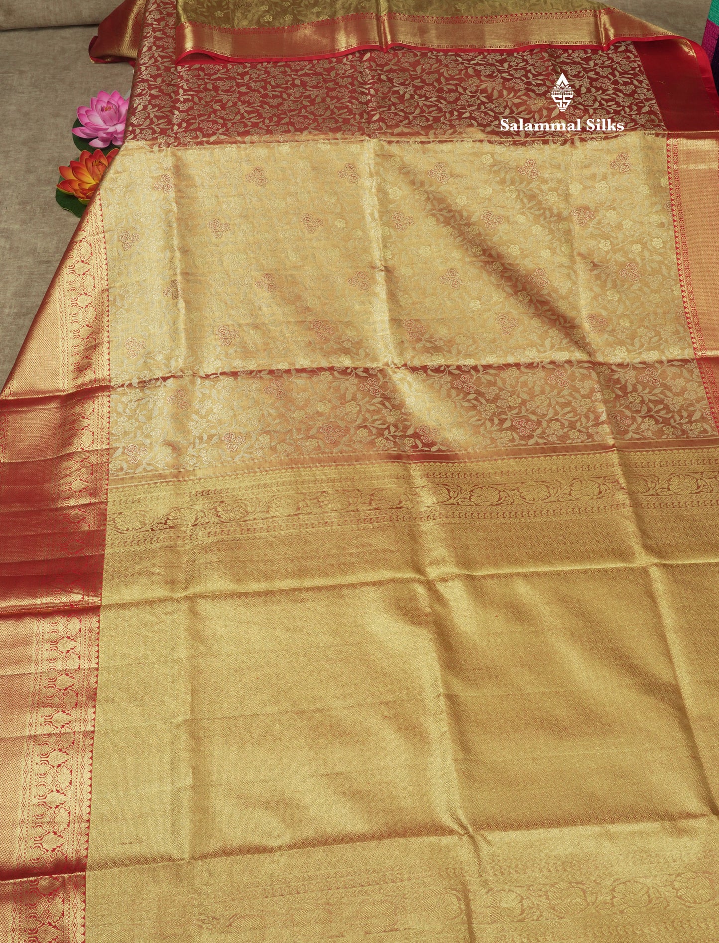 Light Orange Tissue Bridal Pure Kanjivaram Silk Saree With Contrast Chilly Red Border