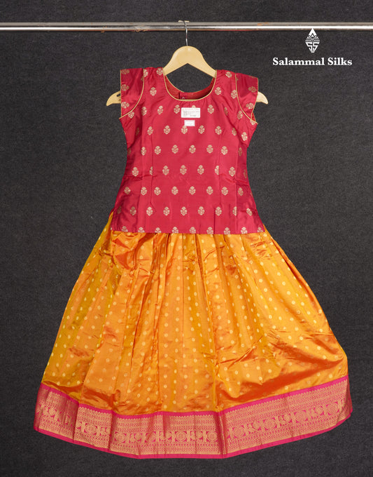 Readymade Pure Silk Pattu Pavadai - Chilly Red With Mustard Yellow (5 TO 6 Yrs)