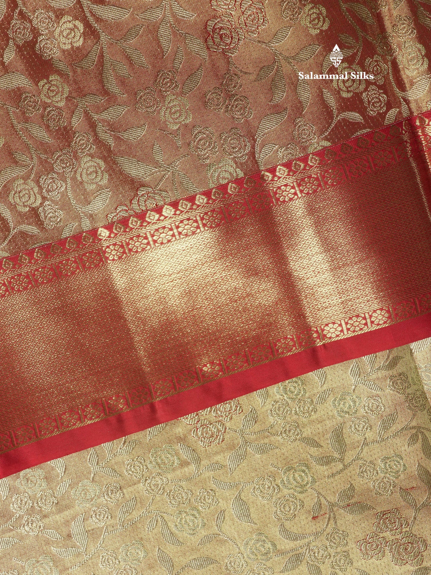 Light Orange Tissue Bridal Pure Kanjivaram Silk Saree With Contrast Chilly Red Border