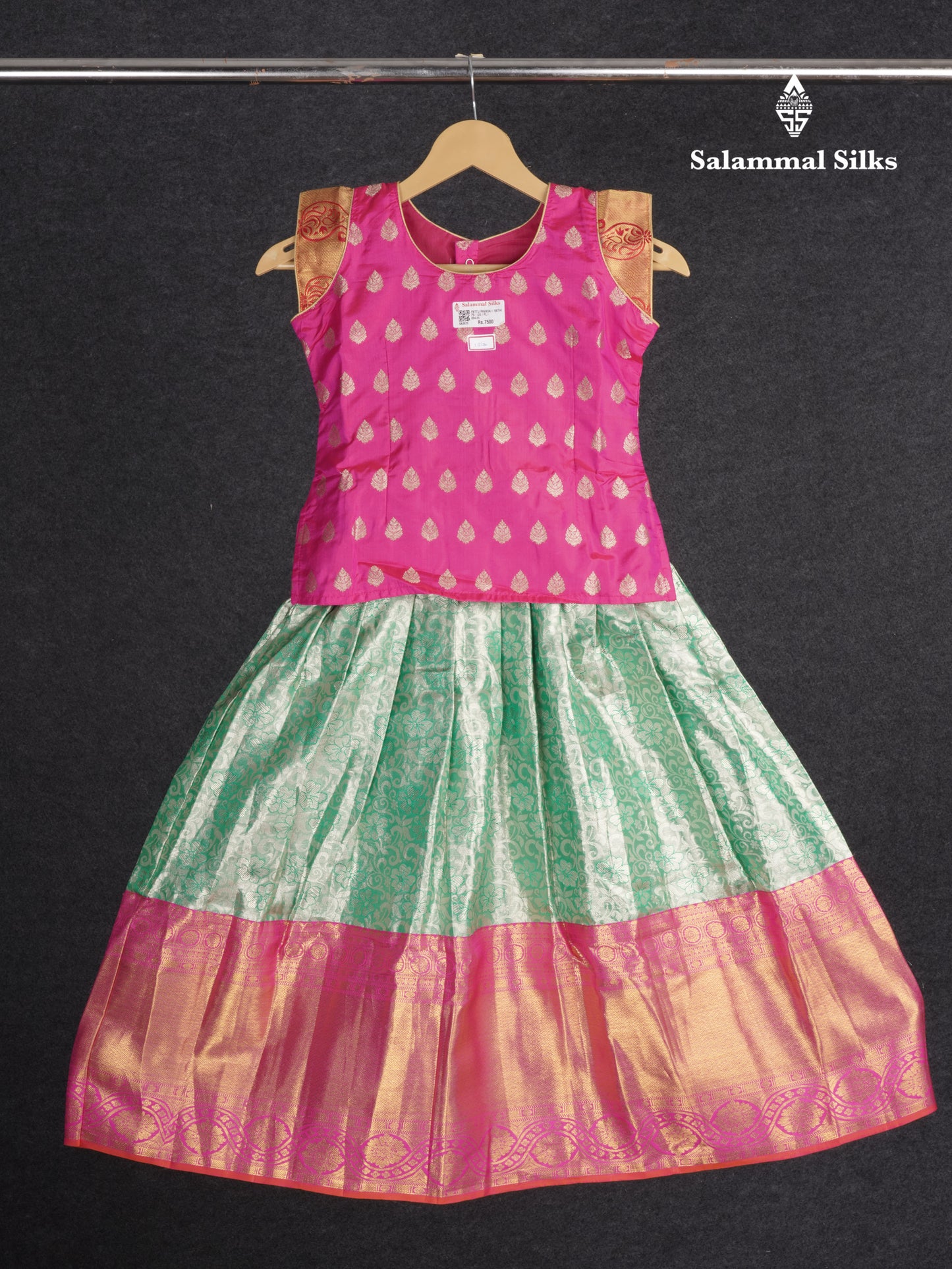 Readymade Pure Silk Pattu Pavadai - Magenta Pink With Ligtht Green (5 TO 6 Yrs)