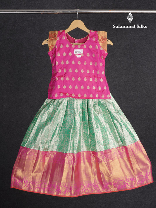 Readymade Pure Silk Pattu Pavadai - Magenta Pink With Ligtht Green (5 TO 6 Yrs)