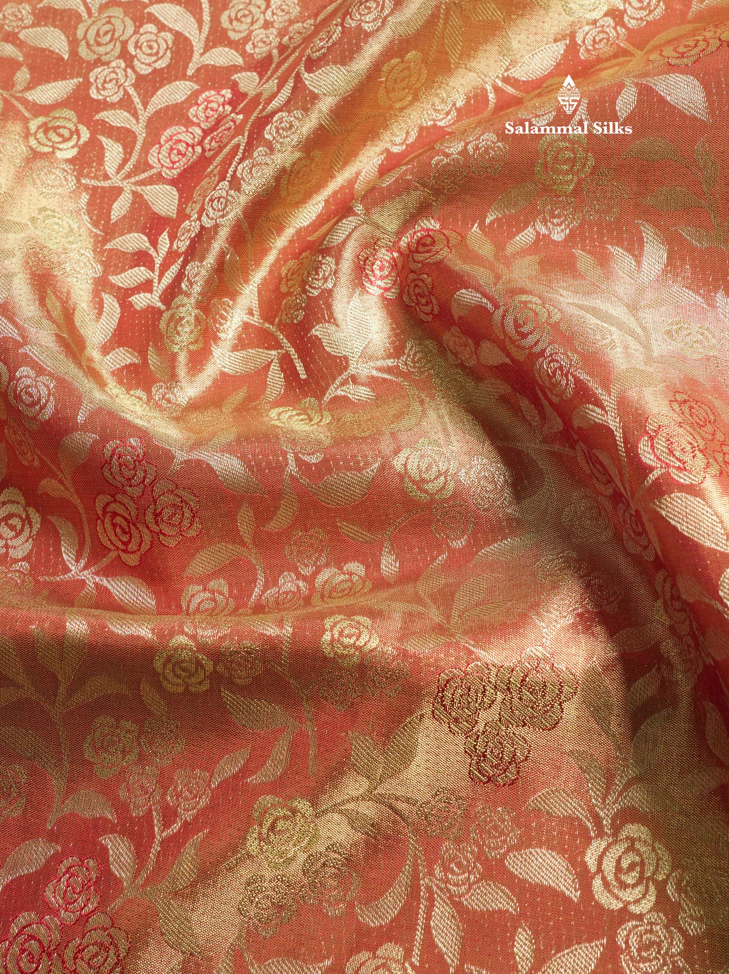 Light Orange Tissue Bridal Pure Kanjivaram Silk Saree With Contrast Chilly Red Border