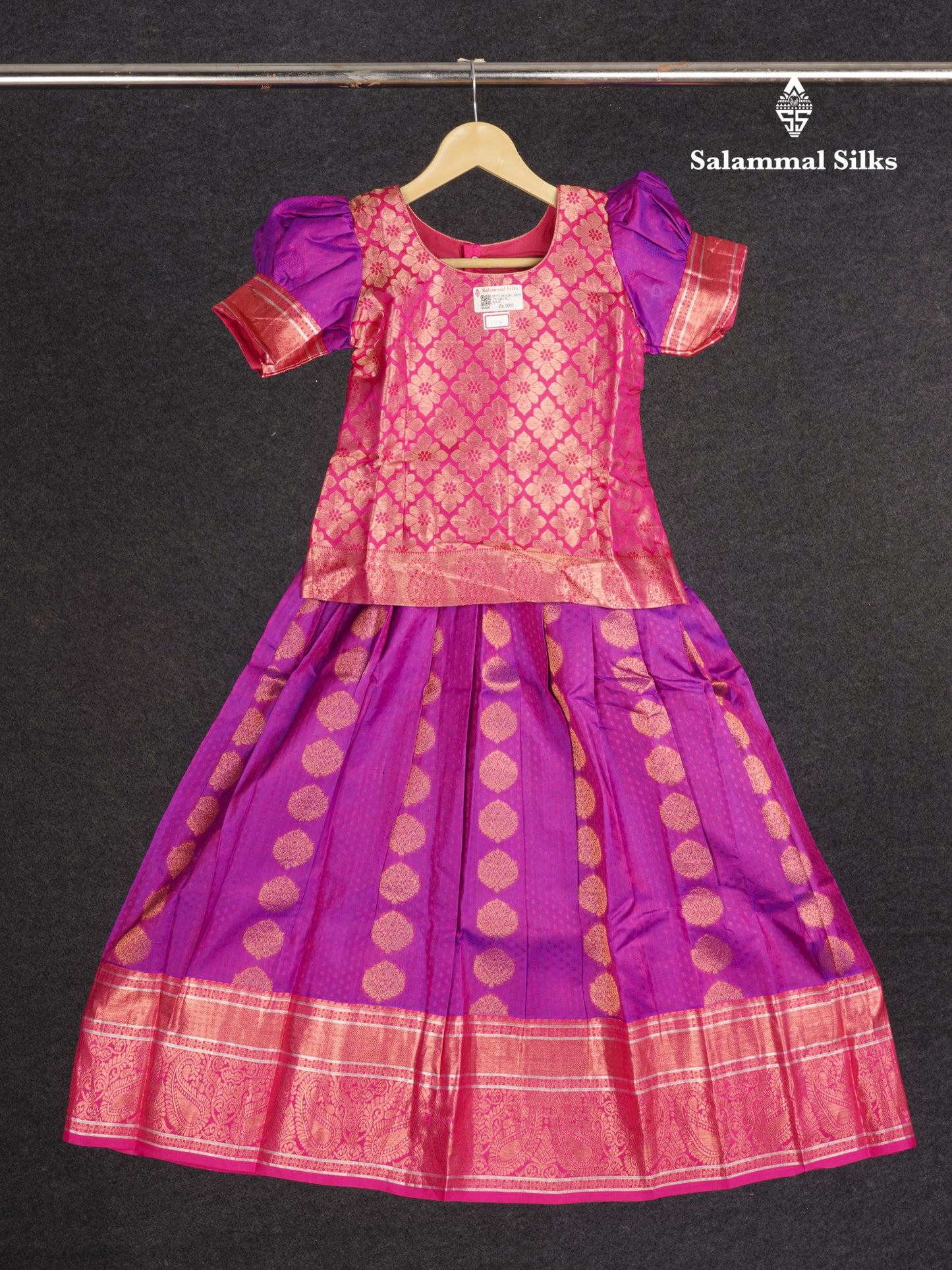Readymade Pure Silk Pattu Pavadai - Pink With Purple (6 TO 7 Yrs)
