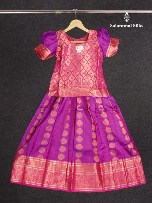 Readymade Pure Silk Pattu Pavadai - Pink With Purple (6 TO 7 Yrs)