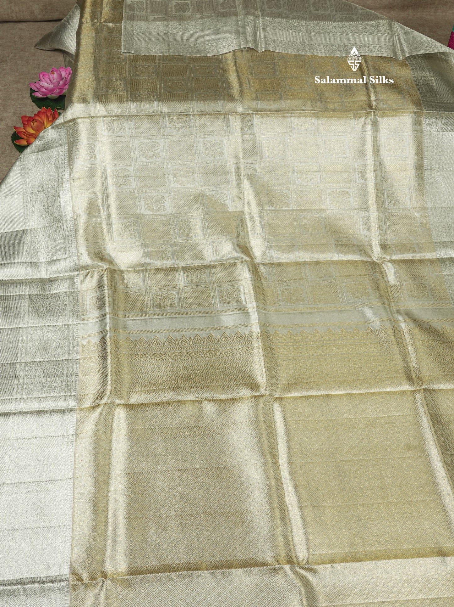 Beautiful Silver Colour Checks With Peacock Butta Tissue Pure Kanjivaram Silk Saree (2G) Zari With Self Border