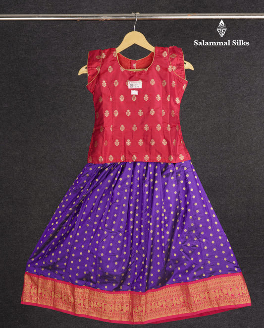 Readymade Pure Silk Pattu Pavadai - Dual Tone Reddish Pink With Violet (5 TO 6 Yrs)