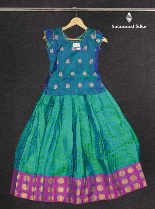Readymade Pure Silk Pattu Pavadai - Dual Tone Peacock Blue With Green (10 TO 11 Yrs)