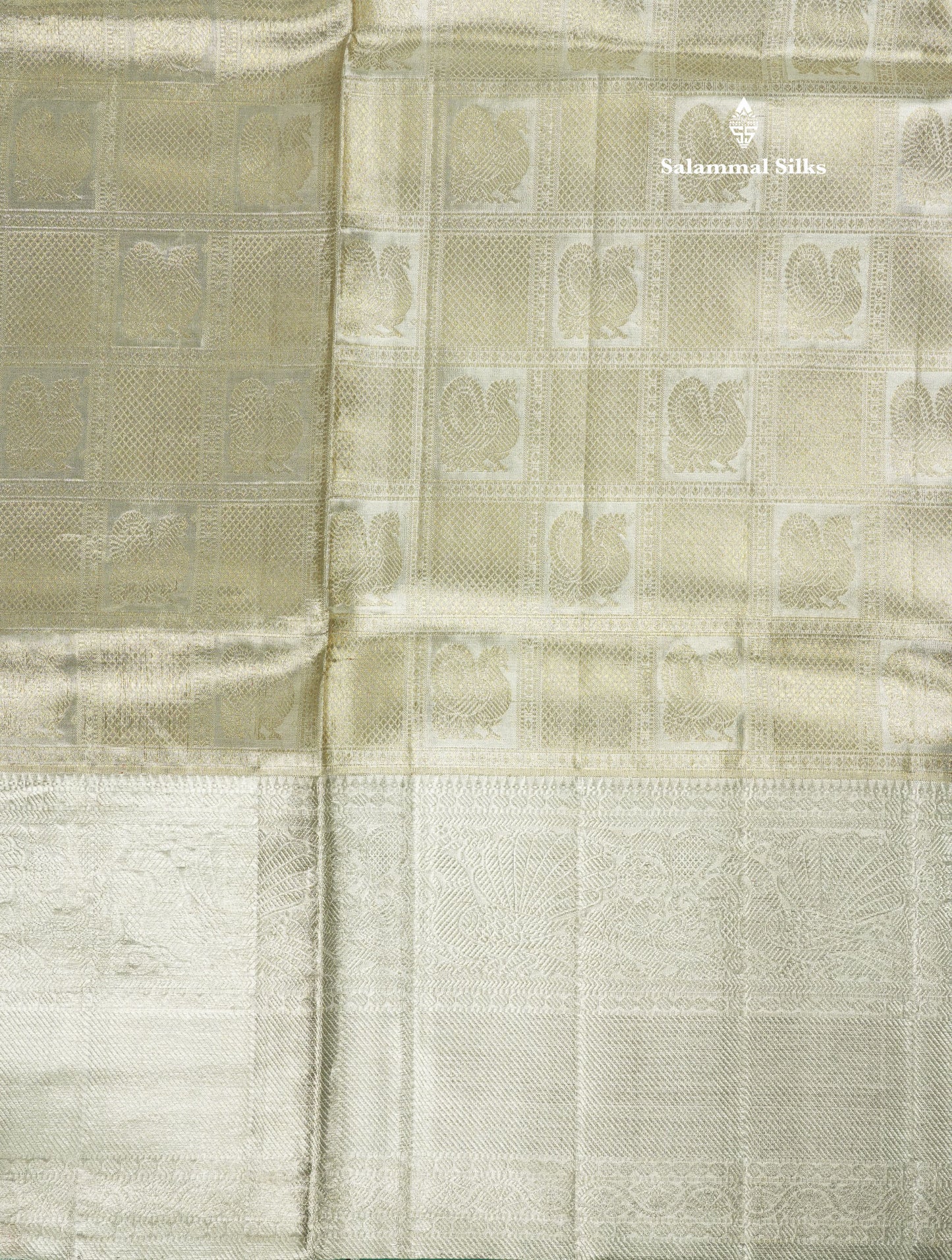 Beautiful Silver Colour Checks With Peacock Butta Tissue Pure Kanjivaram Silk Saree (2G) Zari With Self Border