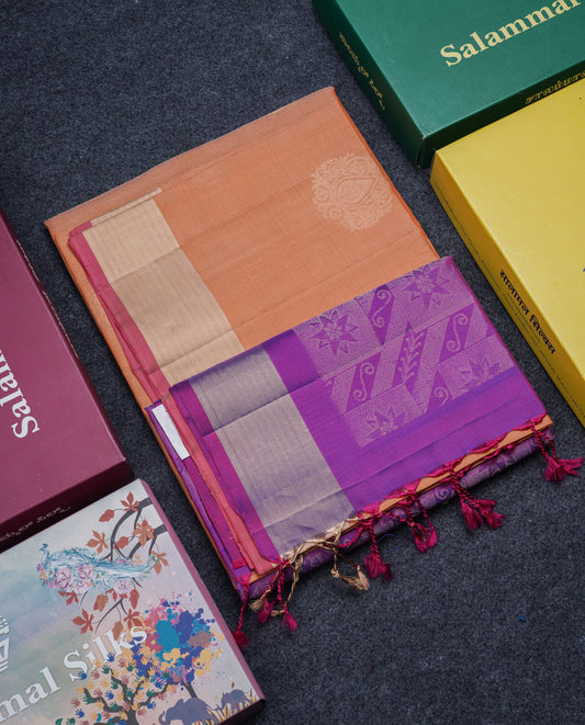 Beautiful Peach Pure Kanjivaram Soft Silk Saree With Contrast Vadamalli Blouse