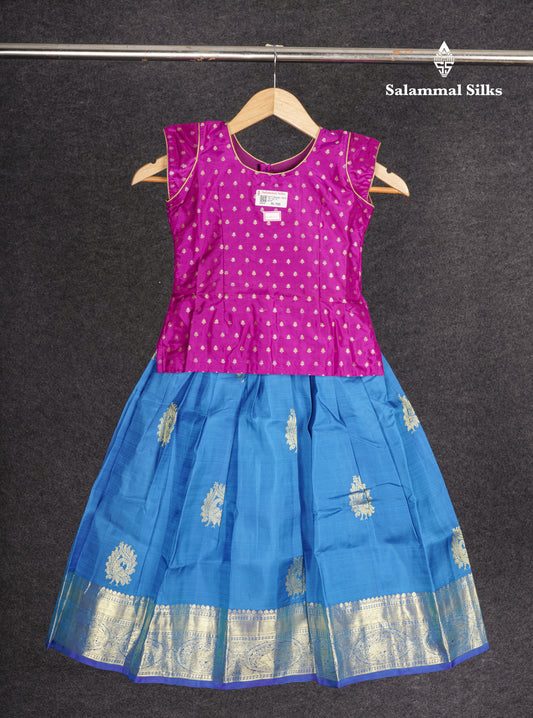 Readymade Pure Silk Pattu Pavadai - Purple With Rama Blue (1 TO 2 Yrs)