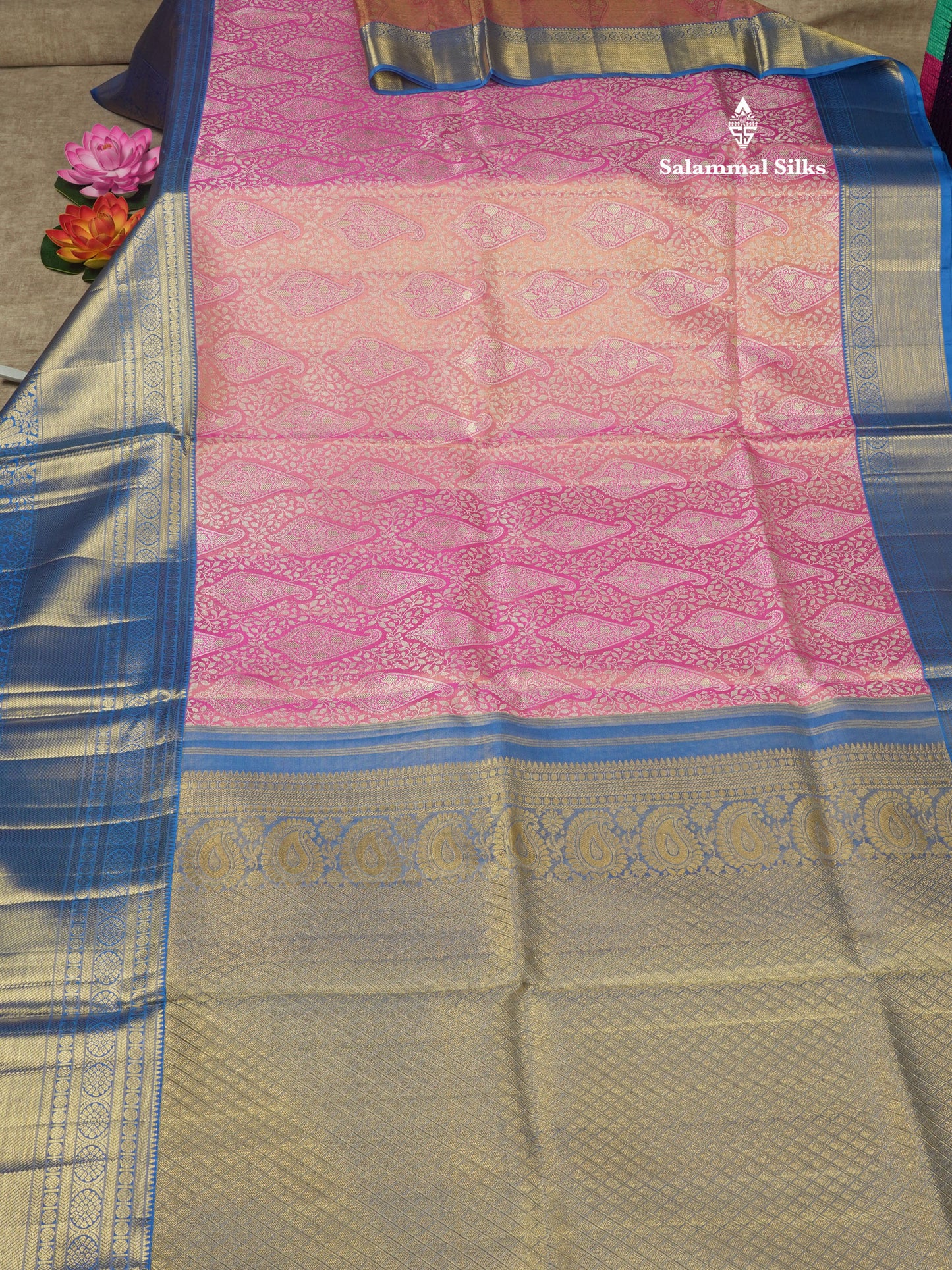 Beautiful Pink Tissue Pure Kanjivaram Silk Saree (2G) Zari With Contrast Royal Blue Border