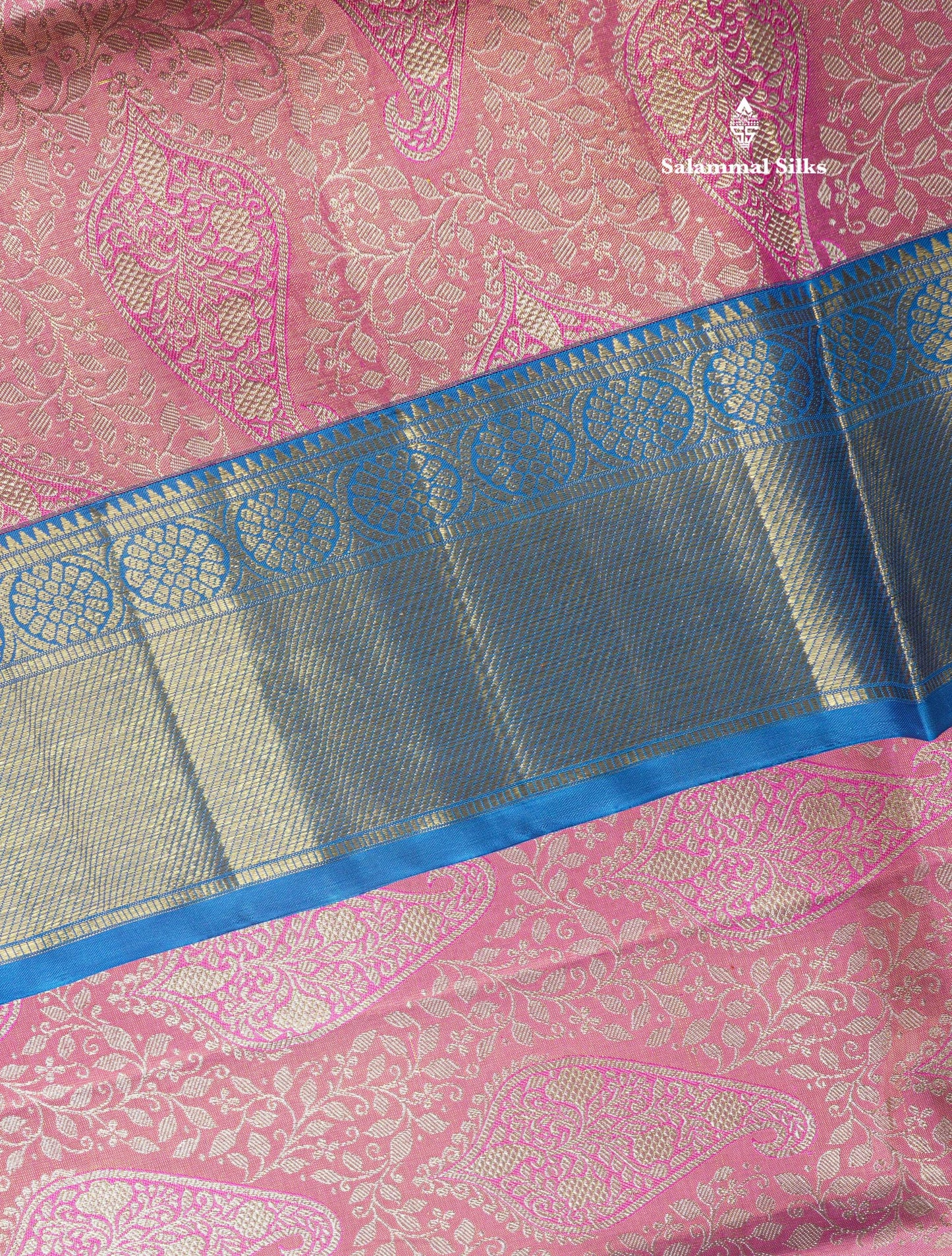 Beautiful Pink Tissue Pure Kanjivaram Silk Saree (2G) Zari With Contrast Royal Blue Border