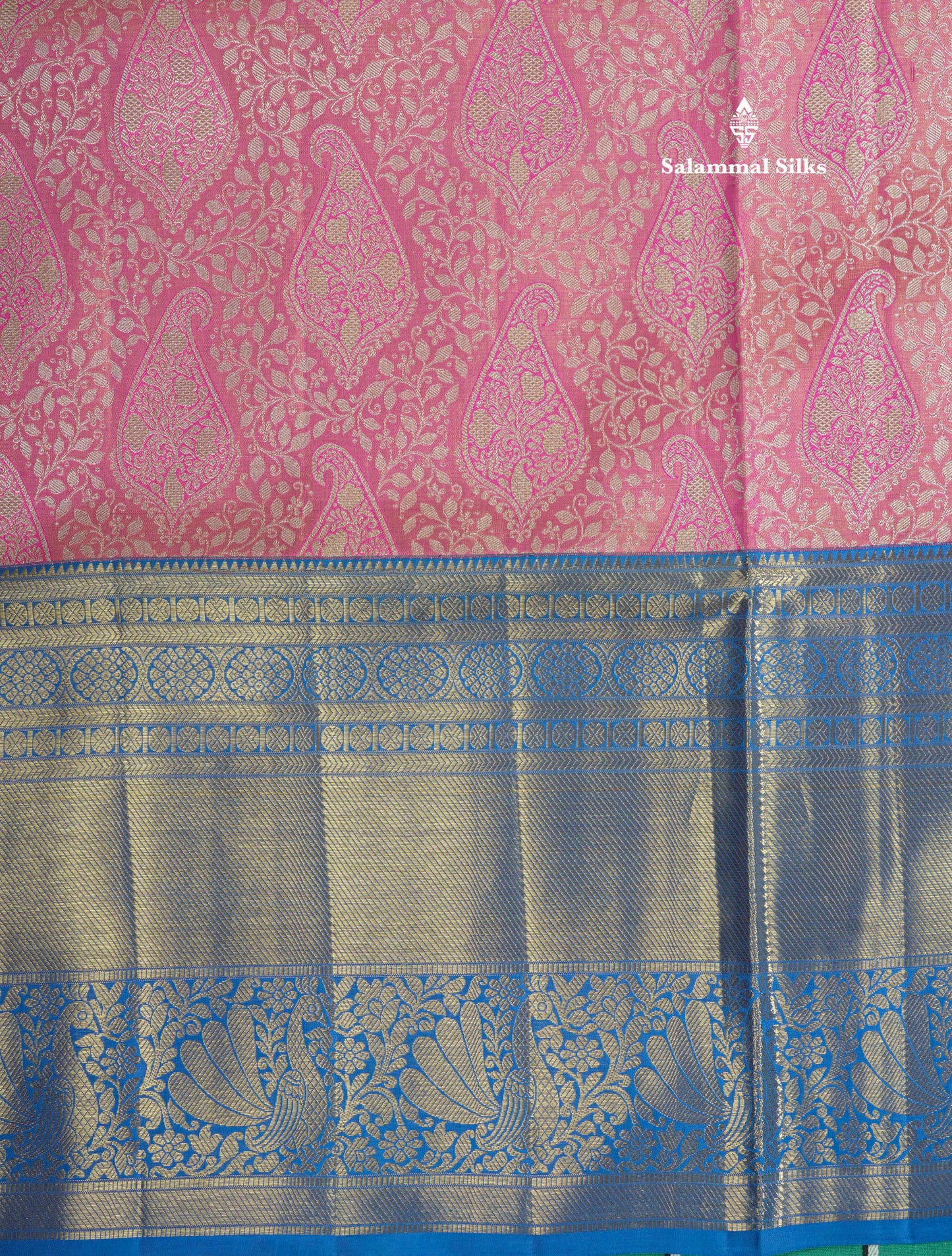Beautiful Pink Tissue Pure Kanjivaram Silk Saree (2G) Zari With Contrast Royal Blue Border
