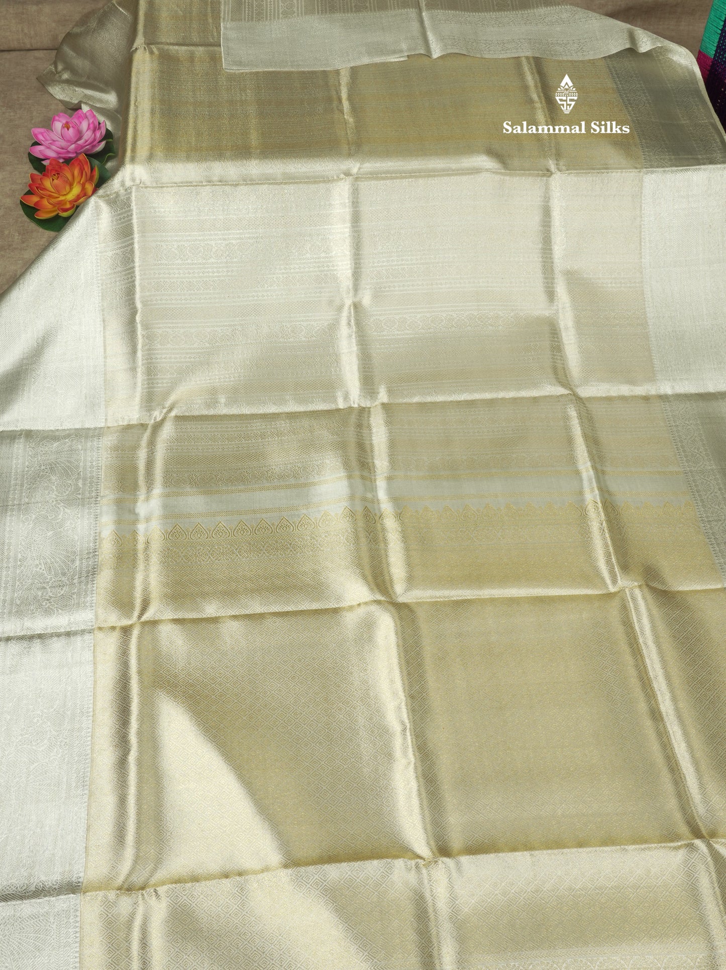Beautiful Silver Colour Tissue Pure Kanjivaram Silk Saree (2G) Zari With Self Border