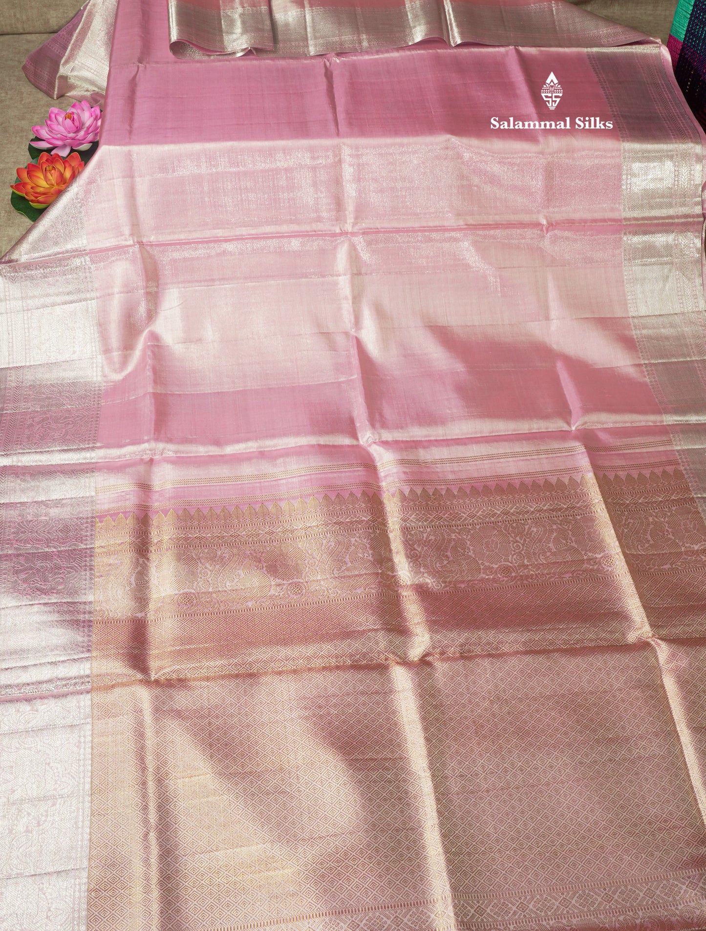 Beautiful Baby Pink Tissue Plain Pure Kanjivaram Silk Saree (2G) Zari With Self Border