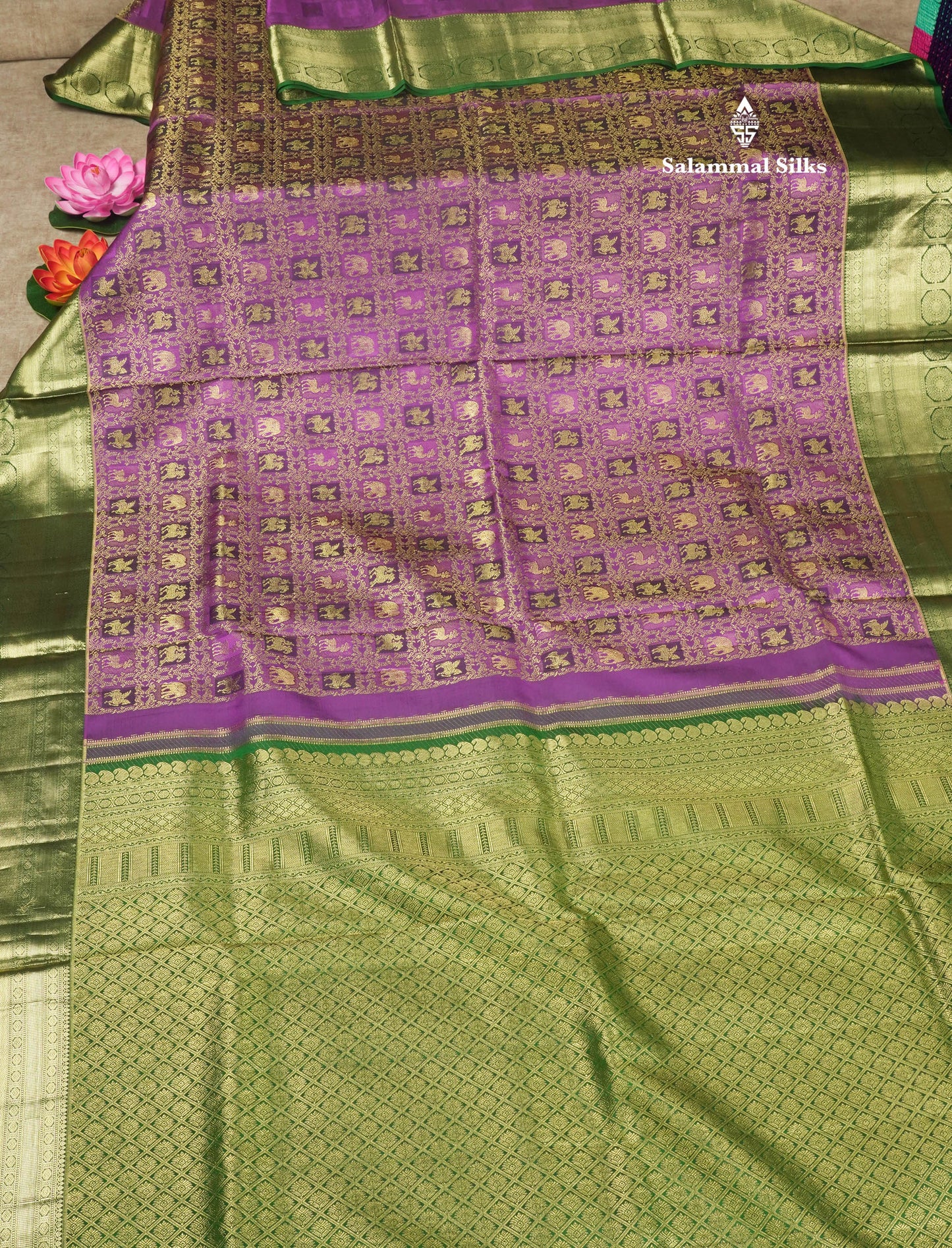 Purple Vanasingaram Bridal Pure Kanjivaram Silk Saree With Contrast Bottle Green Border